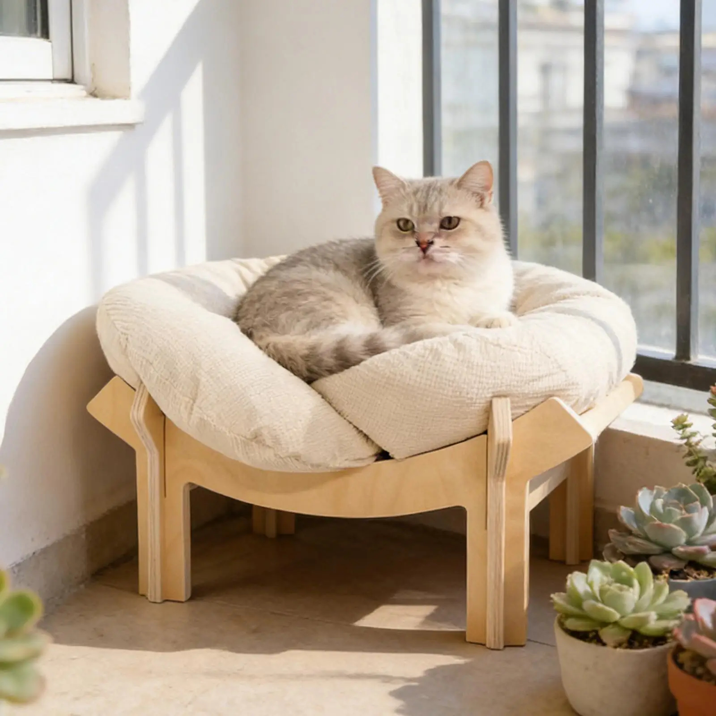Wooden frame cat bed with soft cushion — view 1