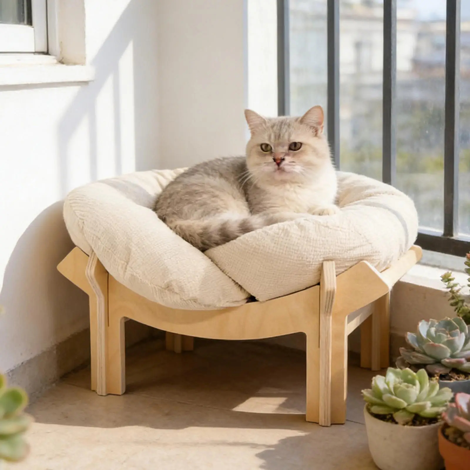 Wooden frame cat bed with soft cushion — view 1