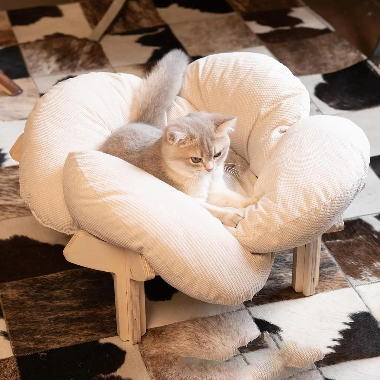 Wooden frame cat bed with soft cushion — view 3