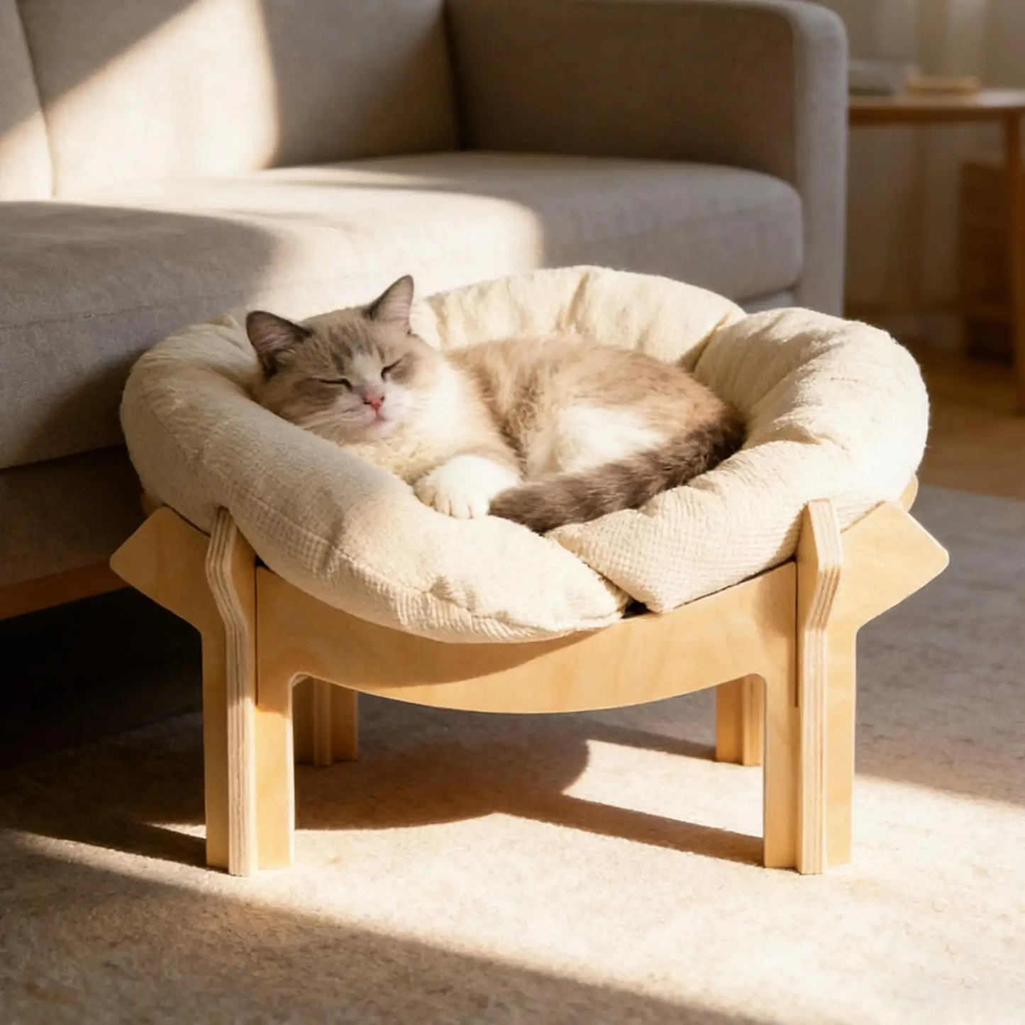 Wooden frame cat bed with soft cushion — view 4