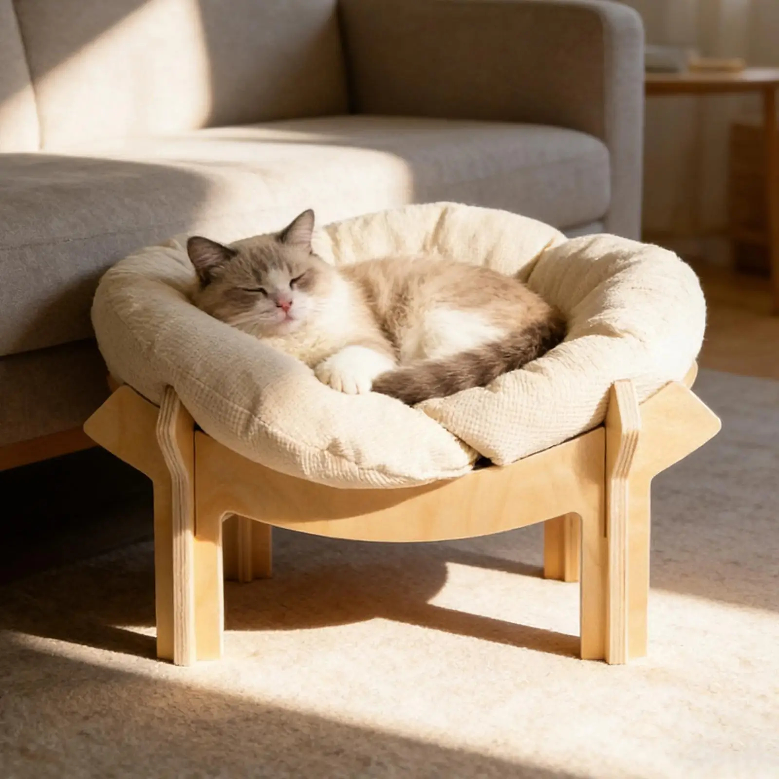 Wooden frame cat bed with soft cushion — view 4